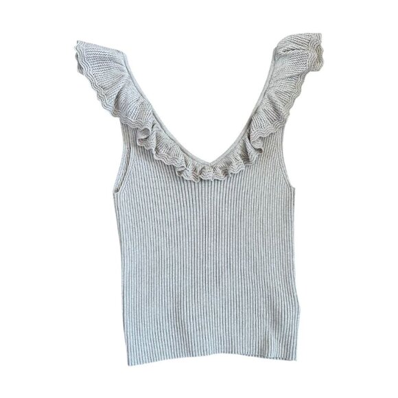 Gap Womens Ribbed Knit Tank Top With Ruffle V-Neck, Beige, Large, Cotton/Polyest - Picture 1 of 5